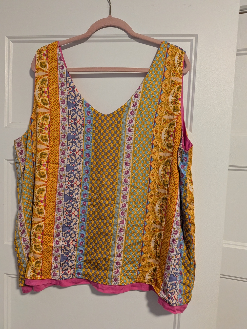 Boho-Striped Sleeveless V-Neck Top in Yellow & Pink